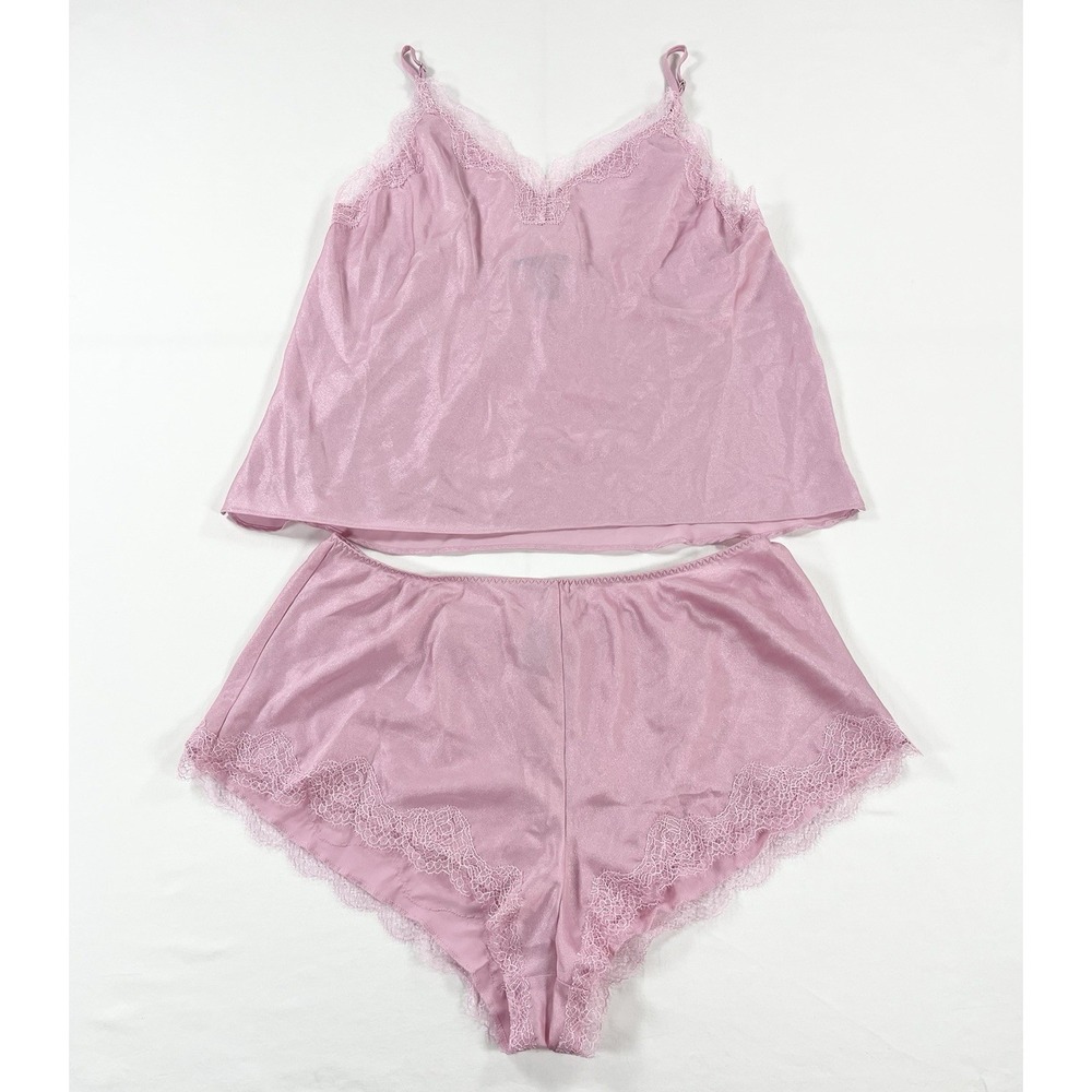 Victorias Secret Pink Satin Lace Pajamas Cami Top Shorts Sleepwear Lounge Set L